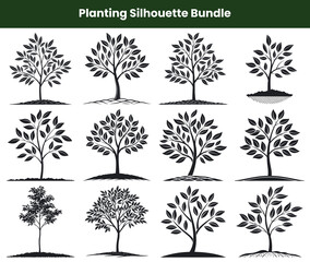 Obraz premium Tree Planting Silhouette Bundle Twelve Black and White Tree Illustrations for Design