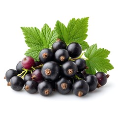 Fresh blackcurrants with green leaves isolated on white background