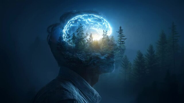 Snowy coniferous forest and glowing brain are visible inside the head of a middle aged man wearing a shirt, against a misty forest background