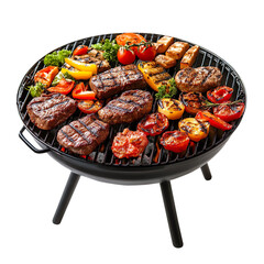 Grill. Outdoor charcoal heavy duty metal grill. Professional for expert cooks grill for steak, bbq, barbecue, burger, fish, pork, beef, grilled meat. Picnic isolated on a white background
