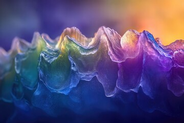 Abstract iridescent landscape, resembling a vibrant, colorful mountain range.