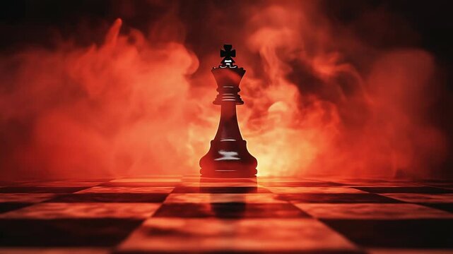 Chess King in Fiery Haze: A lone black chess king stands defiantly amidst a swirling red haze, a dramatic visual metaphor for leadership, strategy, and power.