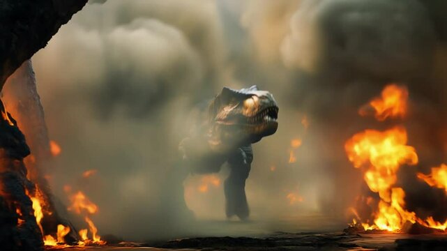 Dinosaur in the Fire: A formidable t-rex dinosaur rises amidst a fiery inferno, its scales gleaming in the heart of the flames. A compelling image that exudes both power and the primal.
