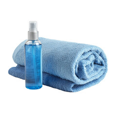Blue towel and spray bottle product shot for bathroom accessories and spa supplies photography usage on transparent background