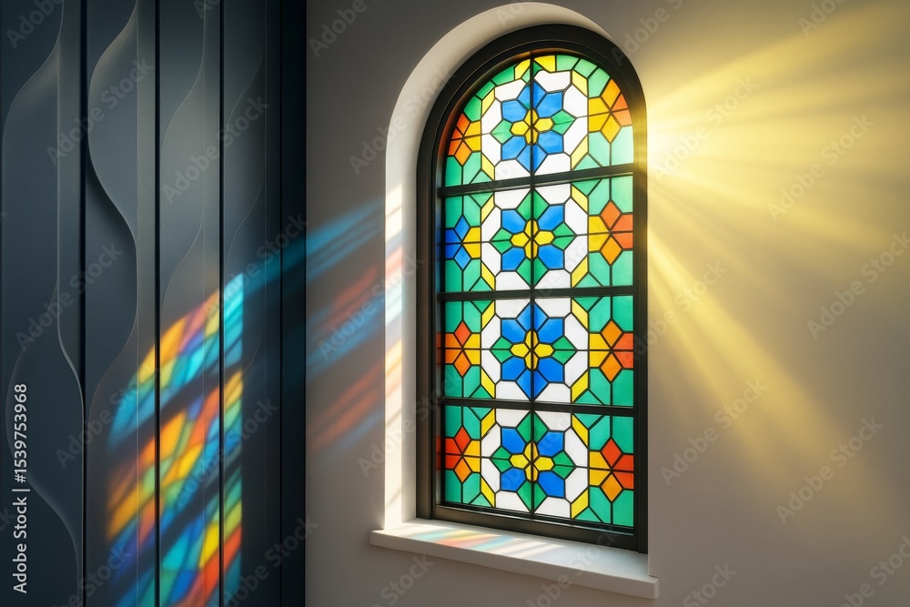 Poster colorful stained glass window casting vivid rainbow light beams on a modern dark textured wall in so