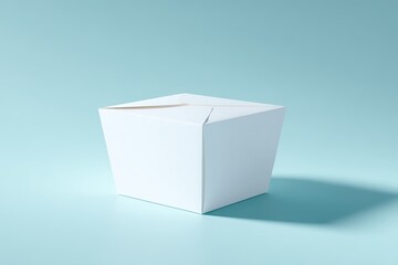 White takeout box with a clean design, placed on a soft blue background, showcasing its minimalist style and versatility for food packaging and branding purposes in culinary presentations