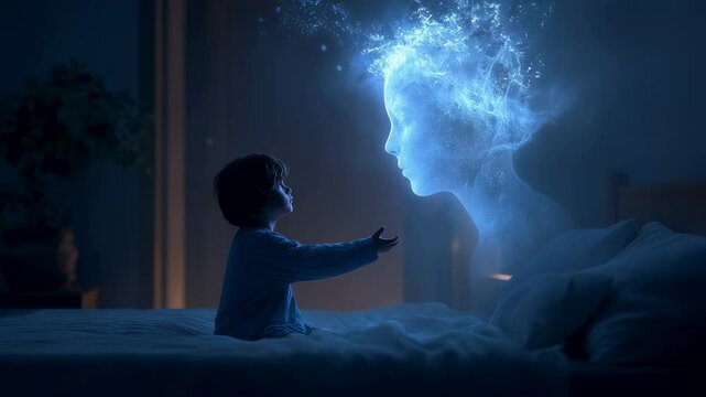 Medical science visualization depicting a child sleepwalking on a bed at night, reaching out to a glowing, ethereal figure representing their subconscious