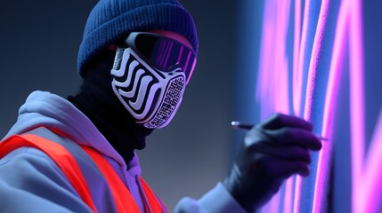 Mysterious futuristic street painting vibrant, glowing neon murals on an urban wall, creating a captivating visual concept.