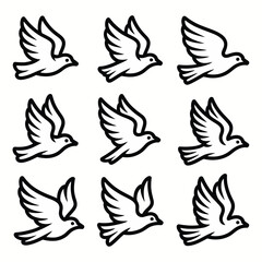 Nine Black Outline White Doves in Flight Vector Illustration bird birds 1