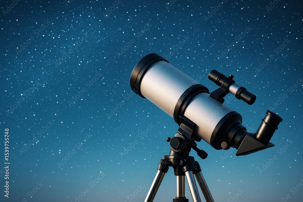 Poster telescope under starry night sky illustrating science and astronomy concept with deep blue backgroun