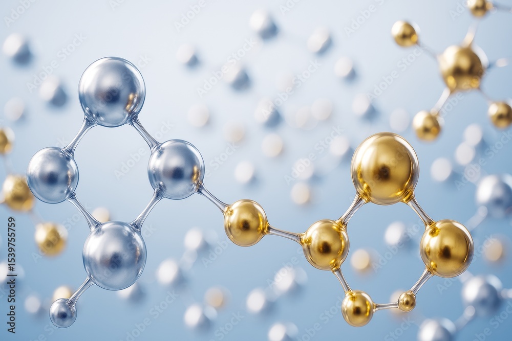 Poster abstract metallic molecules with gold and silver spheres connected by bonds on a soft light blue bac
