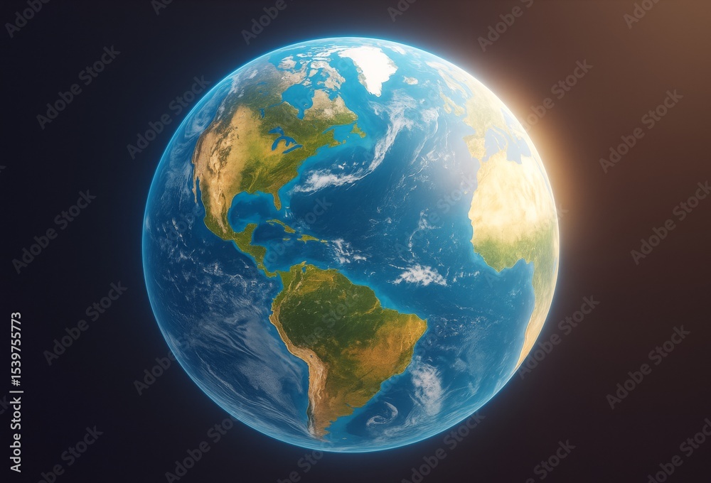 Poster planet earth from space with sunlight on the horizon showing continents and oceans in vibrant detail