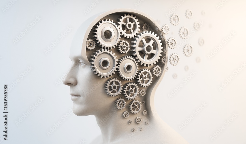 Aufkleber Human head with visible mechanical gears inside symbolizing thinking, intelligence, and mind-machine integration on a light background. Ai generative.