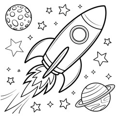 Space Rocket Launching Past Planets Stars Outline Vector Illustration