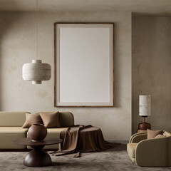 Earthy and textured minimalist living room design. 3D illustration