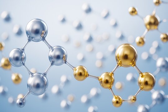Abstract metallic molecules with gold and silver spheres connected by bonds on a soft light blue background representing chemistry and nanotechnology. - Powered by Adobe