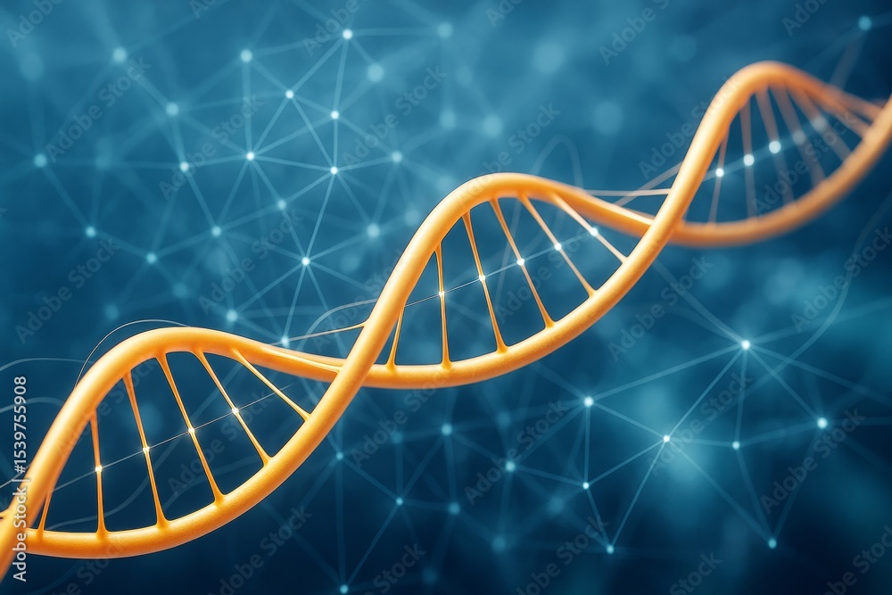 Aufkleber DNA helix structure in golden color with glowing light connections on a digital blue background representing futuristic science and genetics concept.