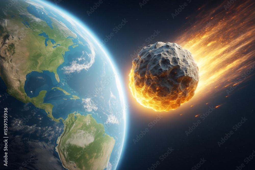 Poster fiery asteroid approaching earth in outer space with glowing light trail and detailed planet surface