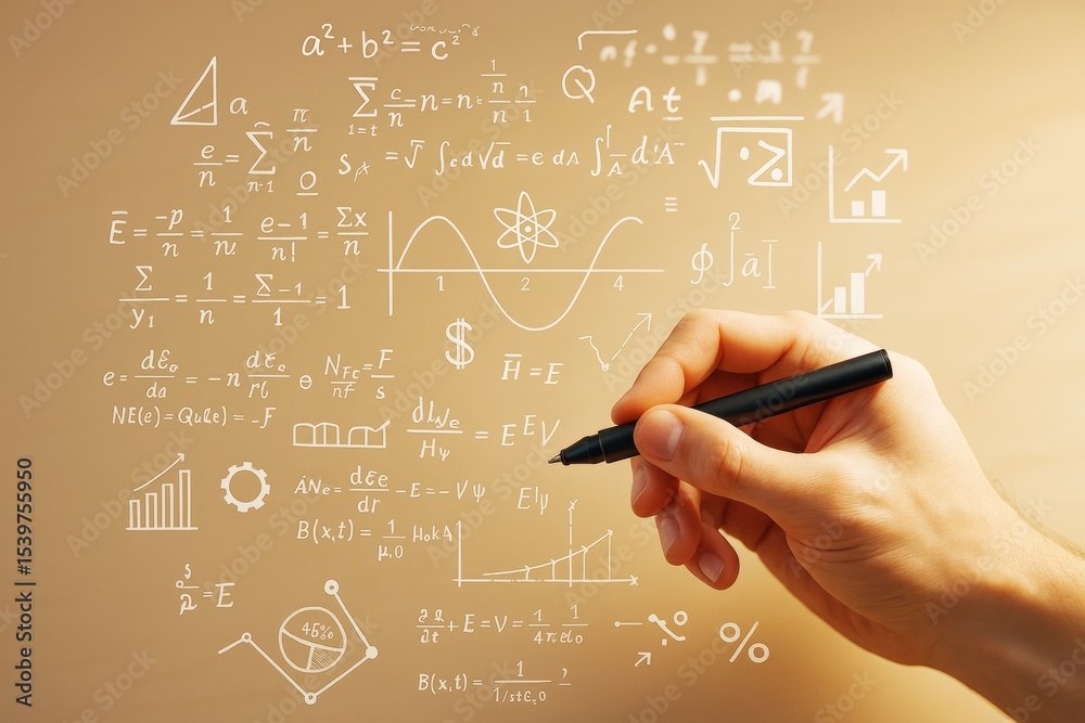 Poster hand writing scientific formulas with pen on abstract light background with math signs, graphs, and 
