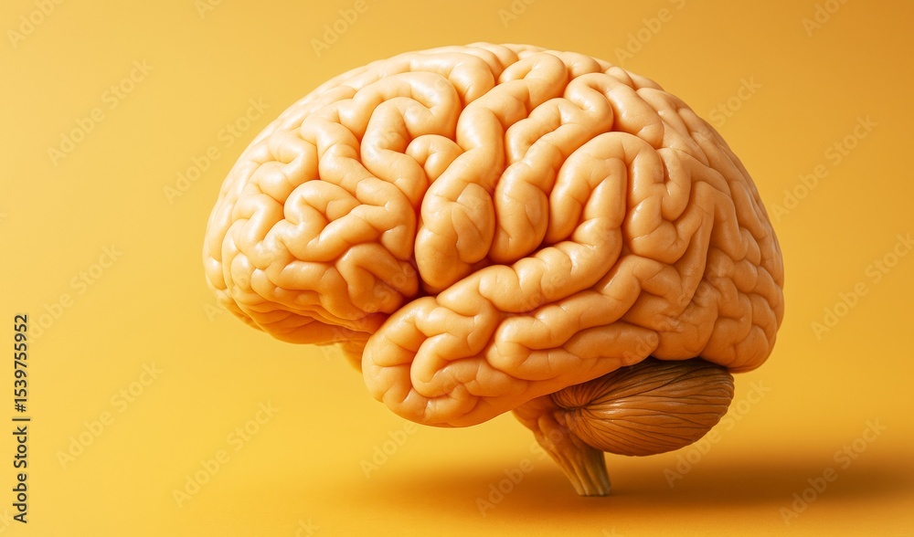Poster anatomically accurate 3d human brain model on vibrant yellow background for science, education and m