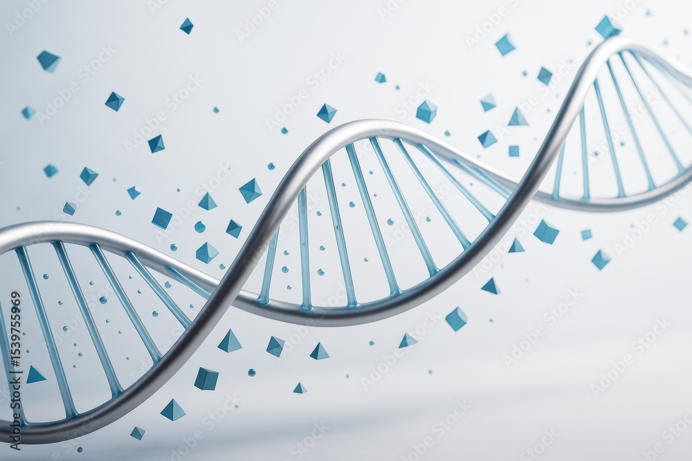 Aufkleber Abstract DNA double helix structure with geometric particles on white background representing science and biotechnology concept. Ai generative.