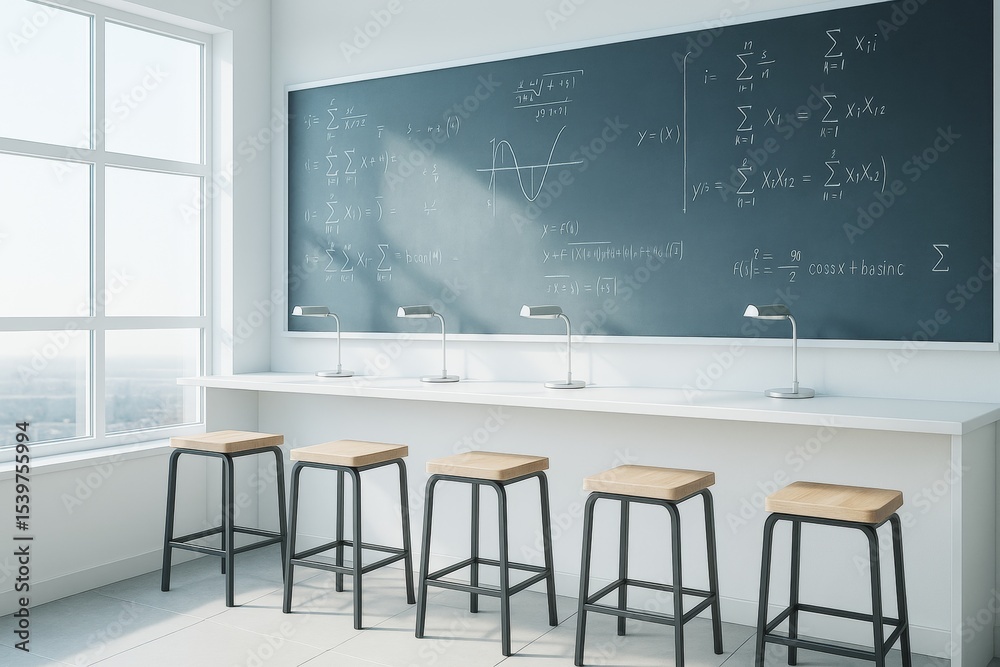 Poster modern classroom with stools, desk lamps, chalkboard covered in math formulas in bright daylight and