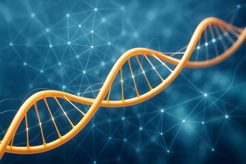 DNA helix structure in golden color with glowing light connections on a digital blue background representing futuristic science and genetics concept.