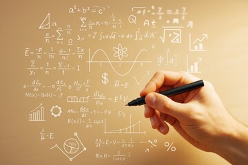 Hand writing scientific formulas with pen on abstract light background with math signs, graphs, and equations in white overlay.