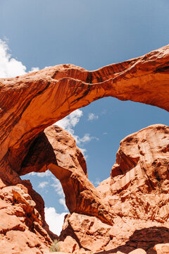 Dramatic upward angle shot of Double Arch in Arches National Park