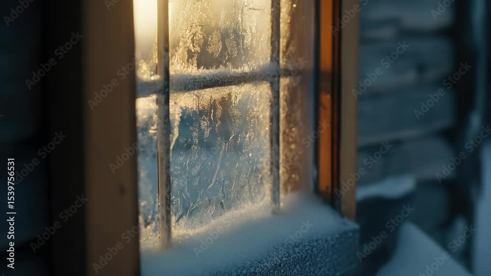 Poster A close-up shot of a window with frost on it, suitable for use in winter-themed designs or as a decorative element