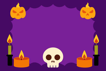 Spooky Halloween Design  Purple Background with Jack-o'-lanterns, Candles, and Skull