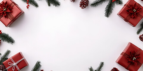 Red Christmas gifts and decorations arranged in a frame on a white background.