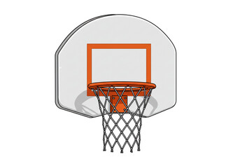 A cartoon basketball hoop with a white backboard and an orange rim and net isolated on white