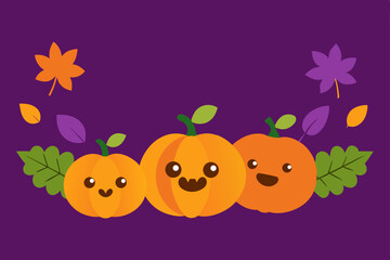 Fototapeta premium A vibrant vector illustration for a Halloween party, featuring a cartoon pumpkin with a smile set against an autumn background with a sun and a butterfly in an orange and yellow frame