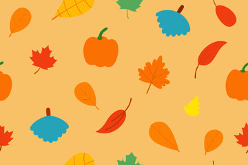 Fototapeta premium Seamless autumn leaves pattern featuring a collection of colorful fall foliage like maple, oak, and other nature-inspired designs, perfect for seasonal decoration or wallpaper
