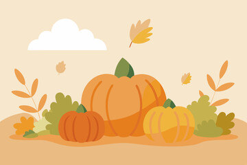 Orange pumpkin with autumn leaves, a vibrant vector illustration perfect for fall harvest and Halloween decoration