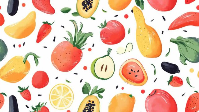 Colorful animation of tropical fruits pattern with rotating summer vibe
