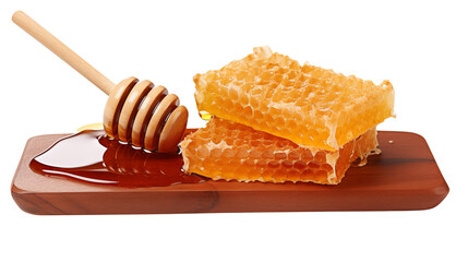 Golden Honeycomb and Dripping Honey on Wood