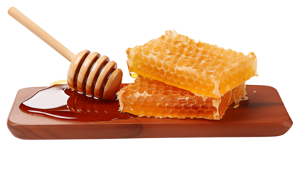 Golden Honeycomb and Dripping Honey on Wood