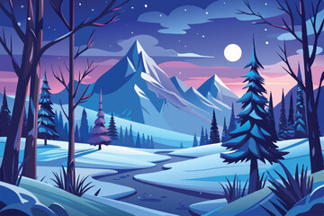Beautiful Winter Landscape with Trees, Mountains and the Moon above the horizon, Night Landscape illustration design.