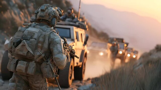 Sapper team conducting mine clearance ahead of military convoy