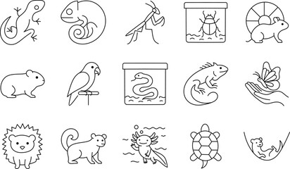 Exotic and Small Pets Line Icon Set. Includes Lizard, Chameleon, Snake, Parrot, Hamster, and More.