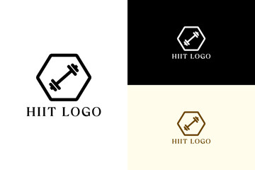 hex plate with barbell inside illustration, icon, vector logo for gym, workout, exercise, weightlifting, health, fitness, bodybuilding, coaching, personal trainer, high interval training, and more