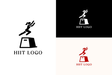 illustration of female jumping over jump box, icon, vector logo for gymnastic, gym, workout, exercise, fitness, sport, health, wellness, personal trainer, high interval training, hiit, and more