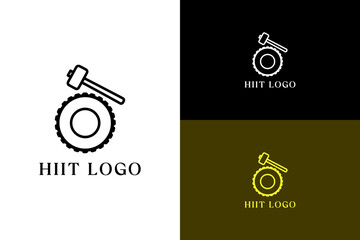 illustration of tire with a sledgehammer, icon, minimal, vector logo high interval training, coaching, personal trainer, health, weightlifting, wellness, workout, gym, fitness, hiit, and more 