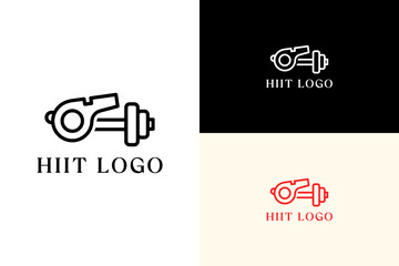 whistle merged with a dumbbell illustration, icon, vector logo for hiit, personal trainer, coaching, gym, workout, exercise, wellness, gymnastic, health, fitness, bodybuilding, and more