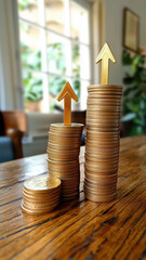 Photography of stack of coins with Virtual  arrows upward.