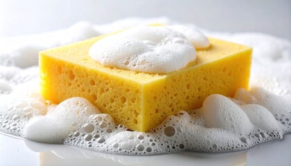 Bright yellow cleaning sponge surrounded by fluffy white soap suds close-up