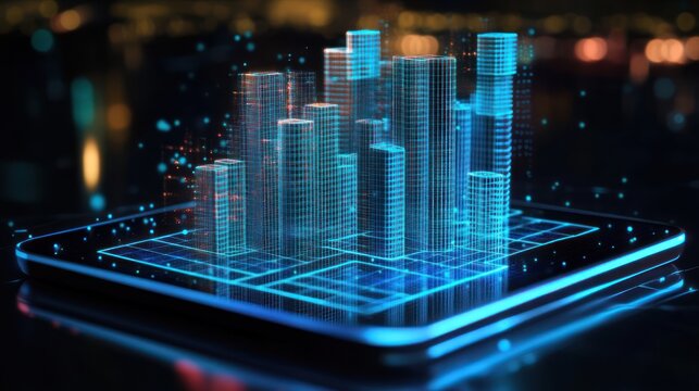 Digital city model displayed on a futuristic tablet