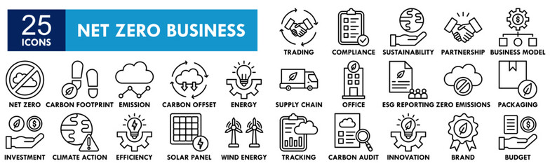 Net Zero Business icon collection set. Containing design green, environment, business, eco, carbon